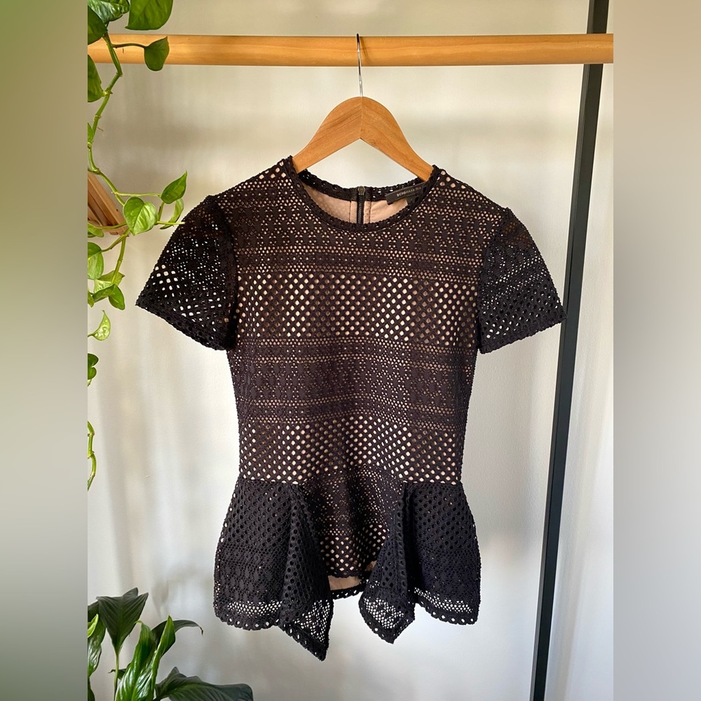 BCBG Maxazria Vicktoria Peplum Lace Blouse Black Tan X-Small